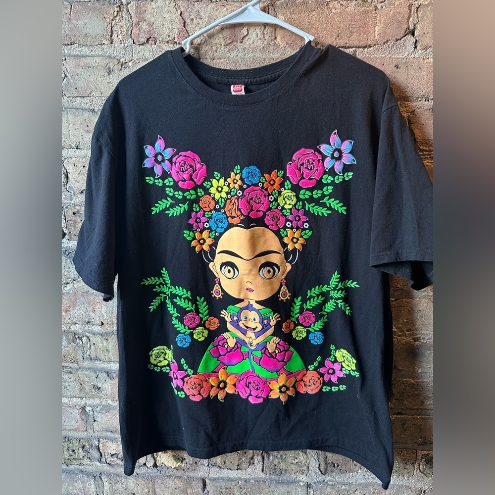 Black Graphic Women's Tee with Colorful Floral Design